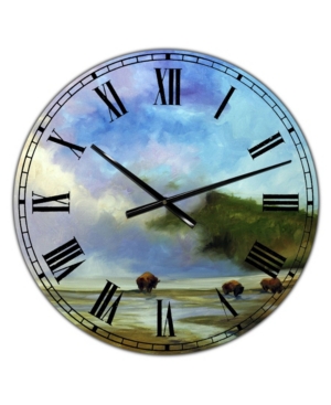 Designart Yellowstone Buffalo Landscape Large Lake House Wall Clock - 36