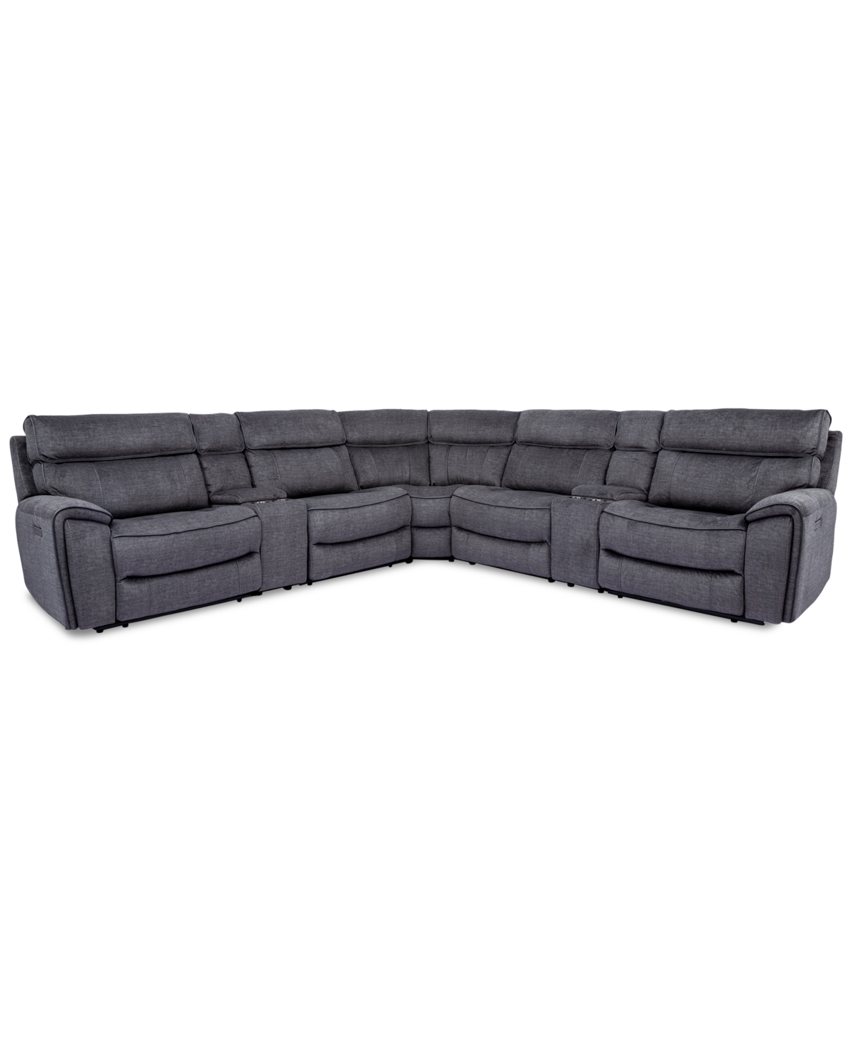 Furniture Hutchenson 7-pc. Fabric Sectional With 2 Power Recliners, Power Headrests And 2 Consoles With Usb In Charcoal Moss