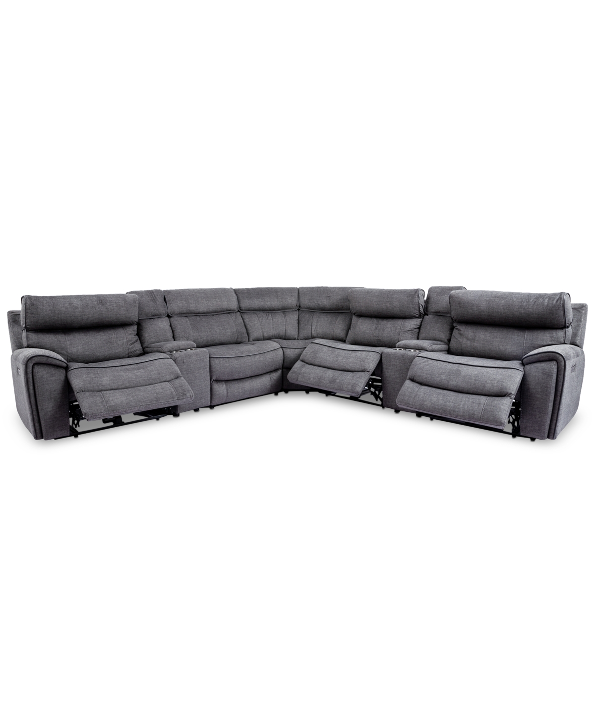 Furniture Hutchenson 7-pc. Fabric Sectional With 3 Power Recliners, Power Headrests And 2 Consoles With Usb In Charcoal Moss