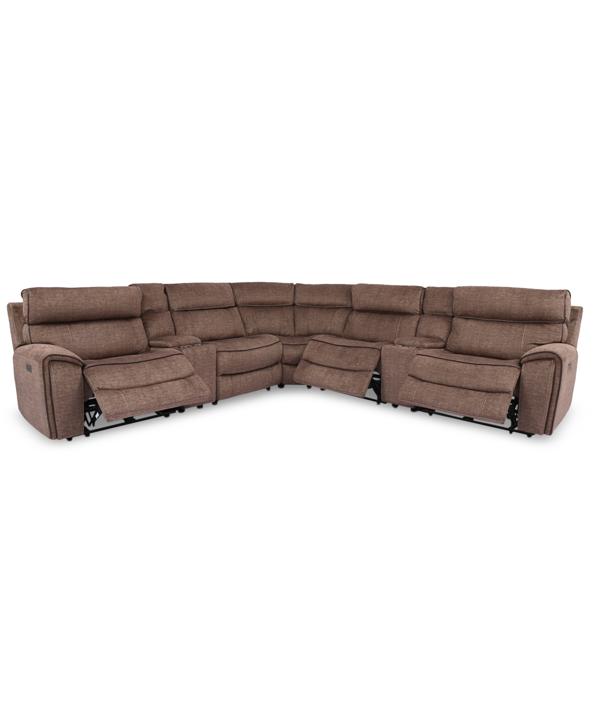 Furniture Hutchenson 7-pc. Fabric Sectional With 3 Power Recliners, Power Headrests And 2 Consoles With Usb In Chocolate Brown