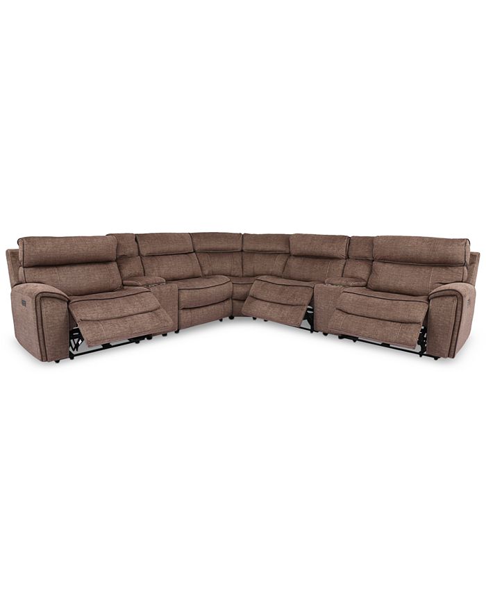 Furniture - Hutchenson 7-Pc. Fabric Sectional with 3 Power Recliners, Power Headrests and 2 Consoles with USB