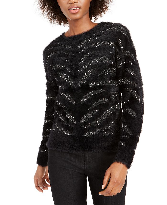 Bar III Zebra-Stripe Sequin Eyelash Sweater, Created for Macy's - Macy's