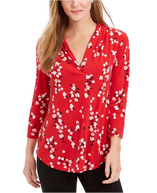 Charter Club Floral Print Pleated V Neck Blouse Created For Macy S