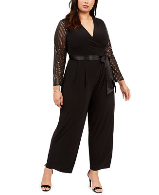 Jessica Howard Plus Size Belted Statement-Sleeve Jumpsuit - Macy's
