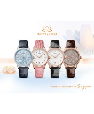 Women's Swiss Automatic Rainflower Black Leather Strap Watch 34mm