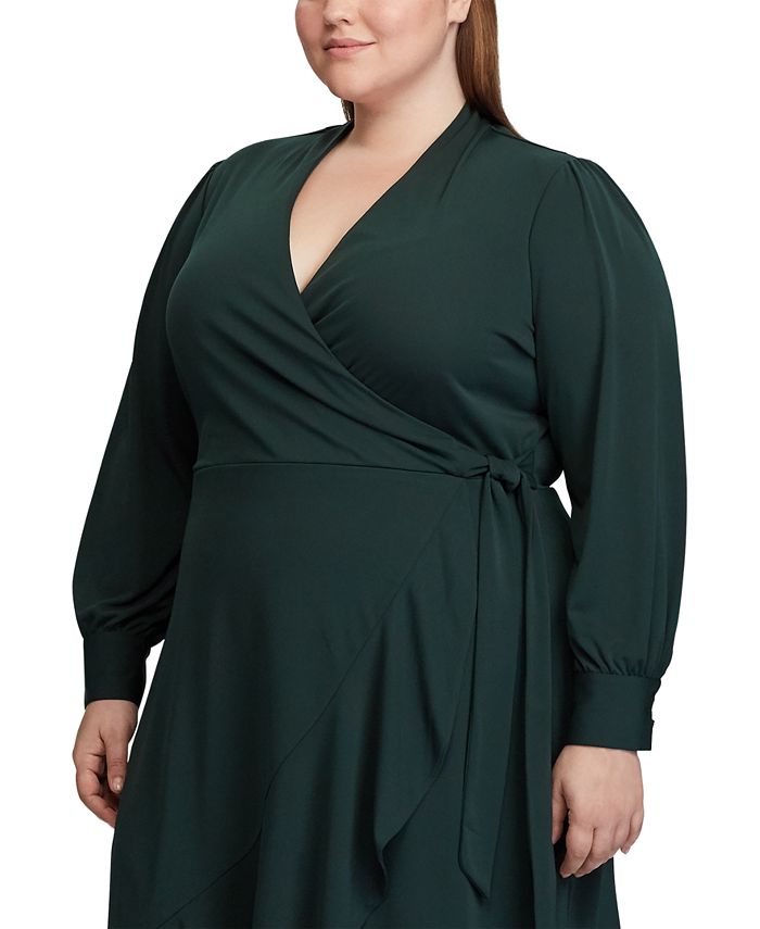 Plus Size Surplice Long Sleeve Wrap Dress | Formal Solid Midi Polyester Dress
