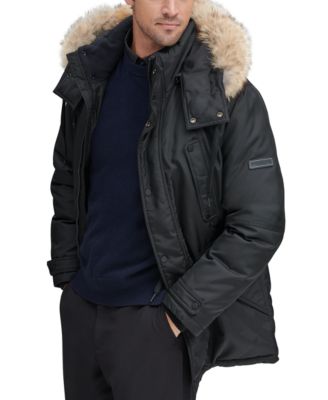 bohlen down & feather bomber jacket with removable genuine coyote fur trim hood