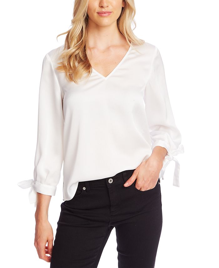 CeCe V-Neck Satin Blouse With Tie Sleeves - Macy's