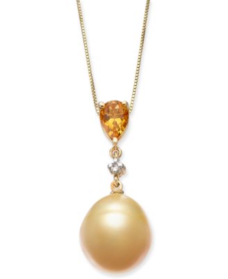 Macy's - Cultured Baroque Golden South Sea Pearl (12mm), Citrine (5/8 c.t. t.w.) & Diamond (1/20 ct. t.w.) 18" Pendant Necklace in 14k Gold