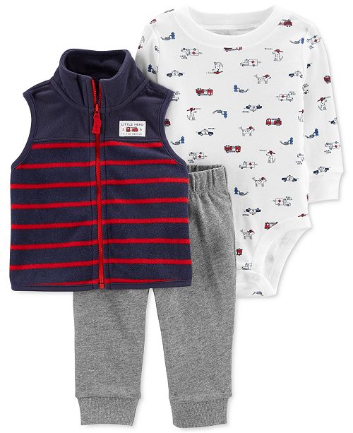 Baby Boys 3 Pc Striped Vest Firetruck Print Bodysuit Pants Set