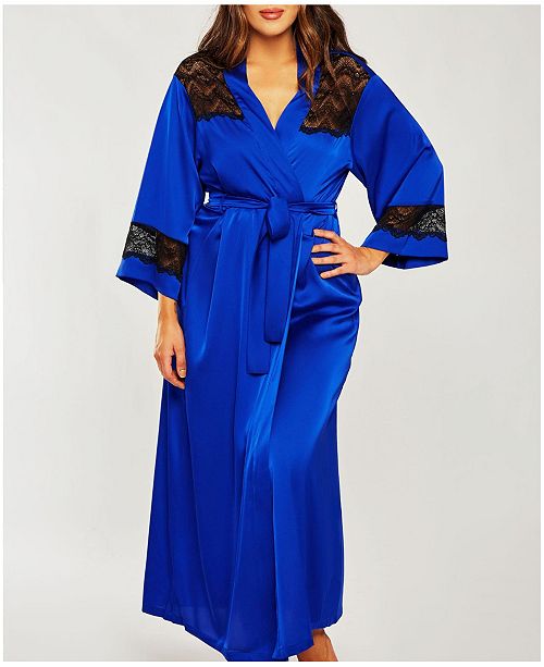 Icollection Plus Size Tess Satin Long Robe With Black Lace Trim
