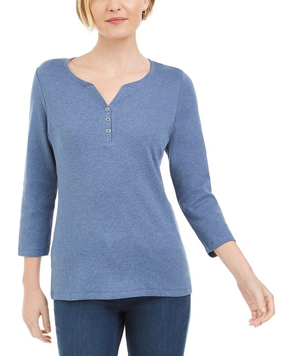 Karen Scott 3/4-Sleeve Henley Shirt, In Regular and Petite, Created for ...