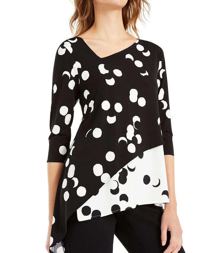 Alfani Women's Printed & Velvet Asymmetrical Top Black Size Small