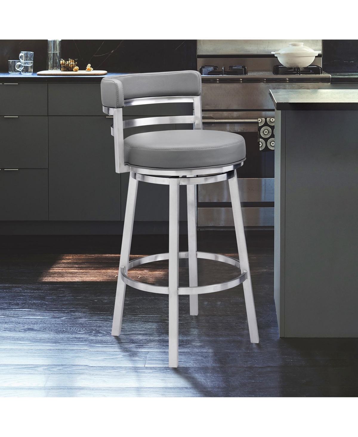Armen Living Madrid 30" Bar Height Swivel Gray Artificial Leather And Brushed Stainless Steel Bar Stool In Gray