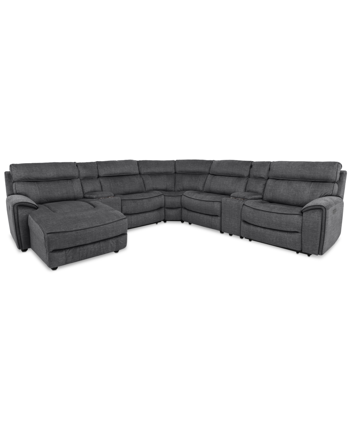 Furniture Hutchenson 7-pc. Fabric Chaise Sectional With 3 Power Recliners And 2 Consoles In Charcoal Moss