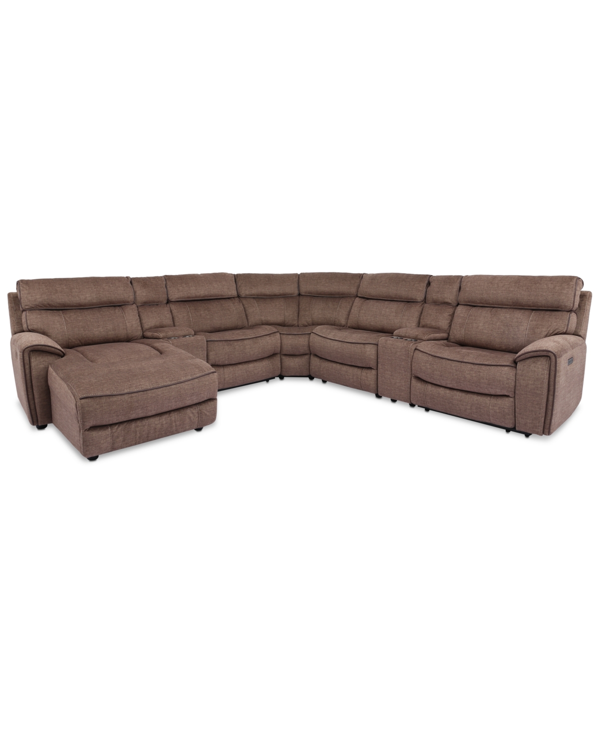 Furniture Hutchenson 7-pc. Fabric Chaise Sectional With 3 Power Recliners And 2 Consoles In Chocolate Brown