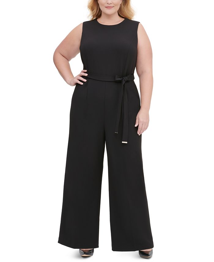Tommy Hilfiger Plus Size Sleeveless Belted Wide-Leg Jumpsuit - Macy's