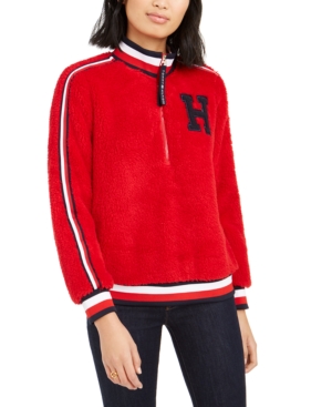 image of Tommy Hilfiger Striped-Trim Sherpa Sweatshirt