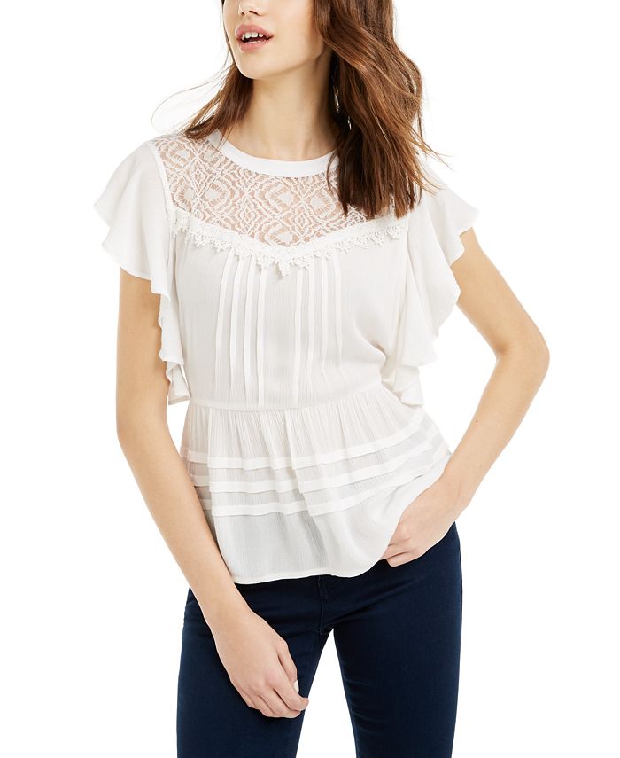 American Rag Juniors' Lace-Trimmed Flutter-Sleeve Top, Created for Macy ...