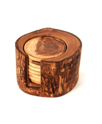 Olive Wood Rustic Coaster Set of 8 with Holder