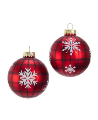 Kurt Adler - 80MM Red Plaid with Snowflakes Glass Ball Ornaments, 6 Piece Box