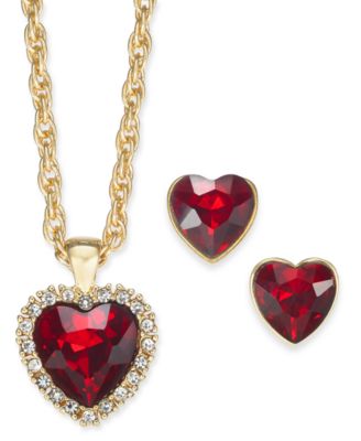 Charter Club - Gold-Tone Crystal Heart Pendant Necklace & Stud Earrings Boxed Set, 17" + 2"