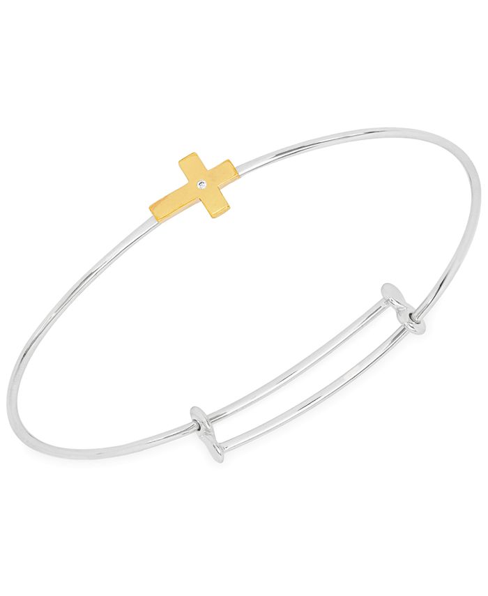 Rhona Sutton - Children's Diamond Accent Cross Adjustable Bangle Bracelet in Sterling Silver and 14K Gold over Sterling Silver