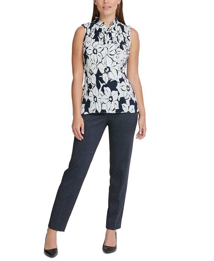 DKNY Floral-Print Pleated Tie-Neck Top & Reviews - Tops - Women - Macy's