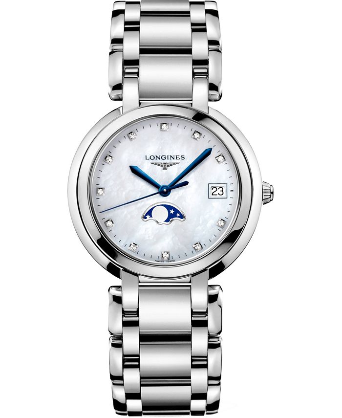 Longines - Women's Swiss PrimaLuna Diamond-Accent Stainless Steel Bracelet Watch 34mm