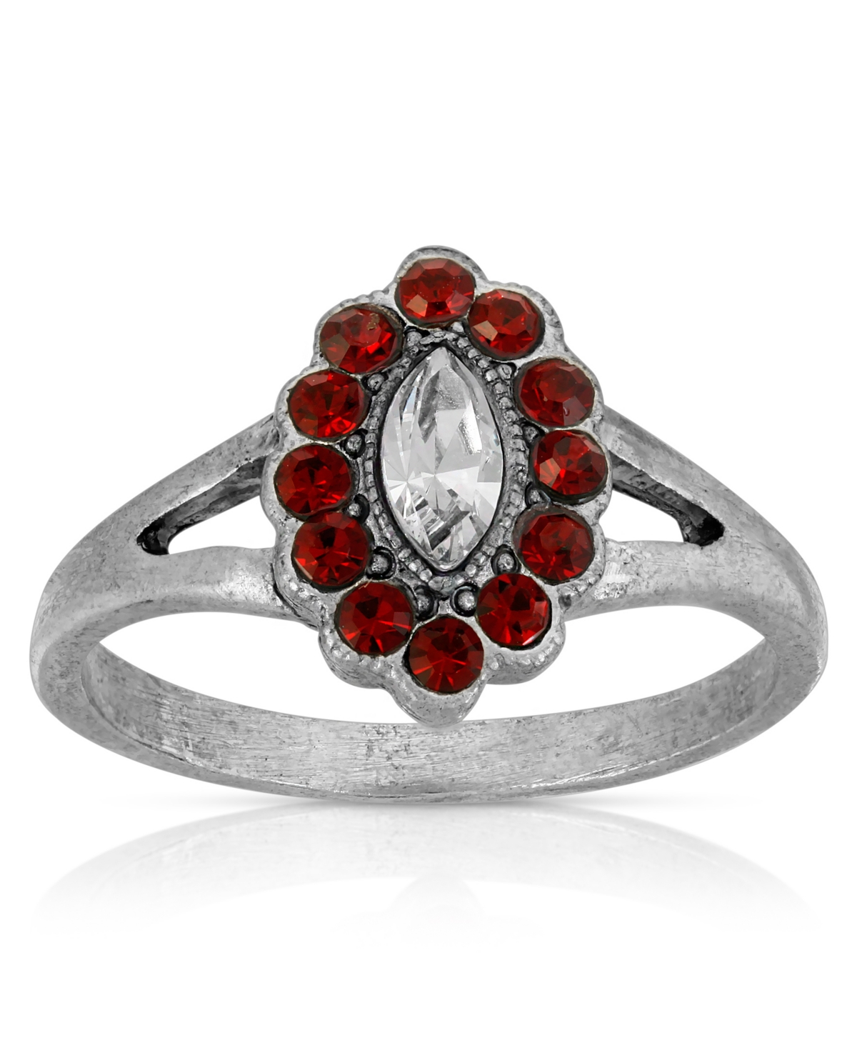2028 Pewter Diamond Shaped Crystal Ring In Red