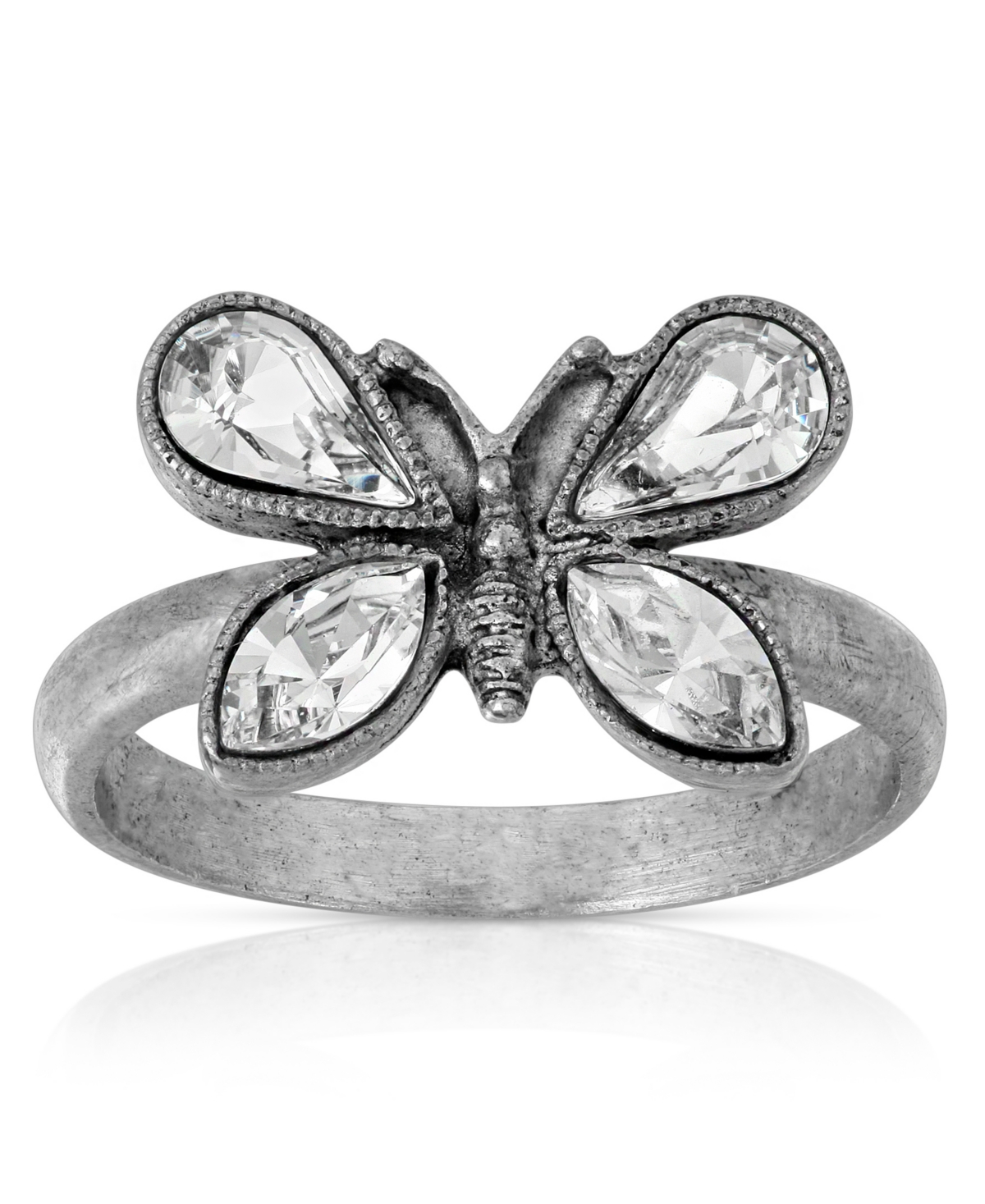 2028 Pewter Crystal Butterfly Ring In Clear