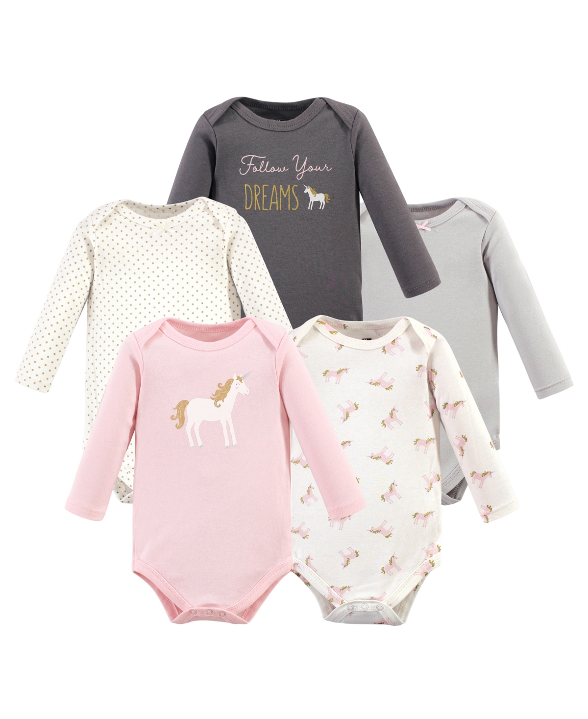Hudson Baby Baby Girls Cotton Long-Sleeve Bodysuits 5pk,- Gold unicorn