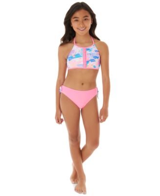 Girls 3-Piece Swimsuit Flower Print Bikini Tops Underpants Ruffles Skirt Set, Size 6-15 Years