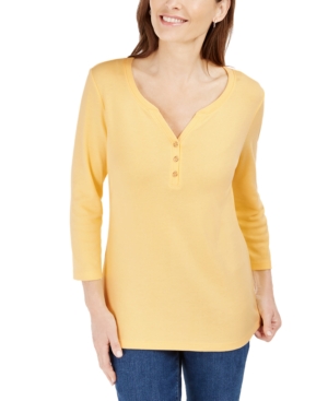 Shop Karen Scott Petite 3/4-sleeve Henley Shirt, Created For Macy's In Citron Aura