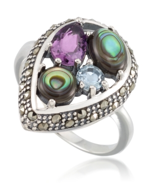 image of Marcasite and Amethyst (1-1/4 ct. tw.), Abalone (9/10 ct. t.w.) and Blue topaz (1/4 ct. t.w.) Teardrop Ring in Sterling Silver