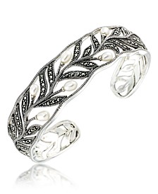Marcasite and Fresh Water Pearl (8 mm) Cuff Bangle in Sterling Silver