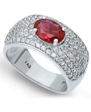 image of Cubic Zirconia Pave Band Ring with Red Cz Oval Center Prong Stone in Fine Silver Plate