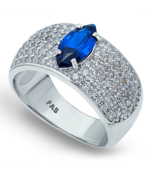 image of Cubic Zirconia Pave Band Ring with Blue Cz Marquise Center Prong Stone in Fine Silver Plate