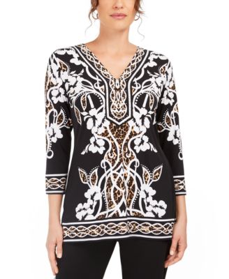 JM Collection - Mixed-Print Rhinestone Tunic Top