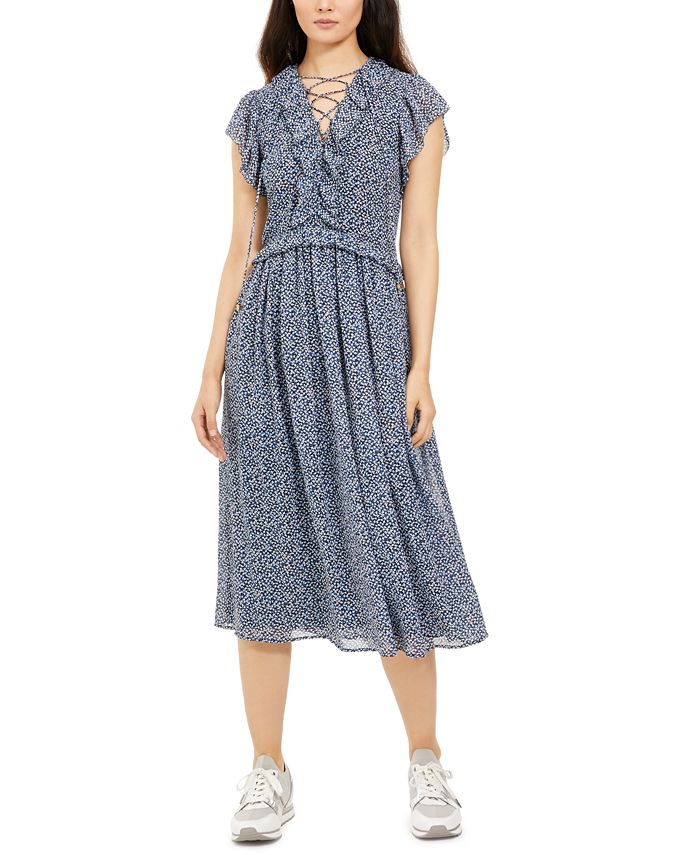Michael Kors Ruffle-Neck Printed Dress - Macy's