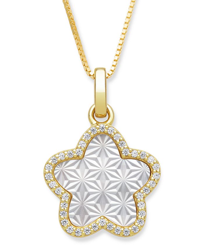 Macy's - Mother of Pearl 13mm and Cubic Zirconia Star Shaped Pendant with 18" Chain in Gold Over Silver