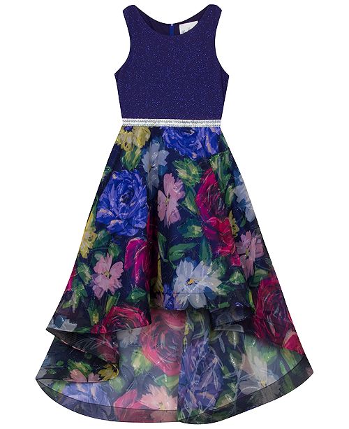 Rare Editions Big Girls Glitter Floral Print High Low Dress