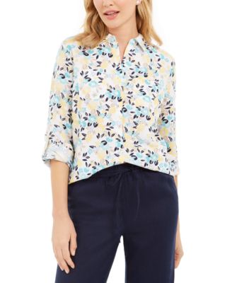 Charter Club - Petite Printed Button-Front Linen-Blend Top