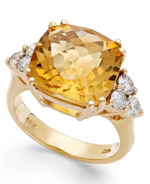 image of 14k Gold Ring, Citrine (7 ct. t.w.) and Diamond (5/8 ct. t.w.) Cushion-Cut Ring