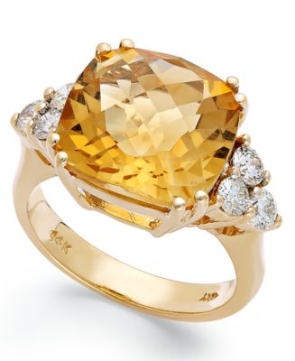 14k Gold Ring, Citrine (7 ct. t.w.) and Diamond (5/8 ct. t.w.) Cushion ...