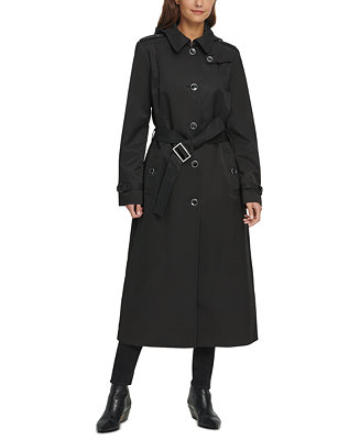 Dkny Belted Water Resistant Maxi Hooded, Dkny Trench Coat Black
