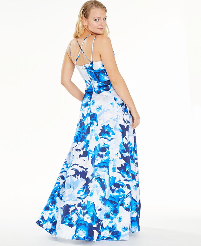 Sequin Hearts Juniors' Floral-Print Double-Strap Gown - Macy's