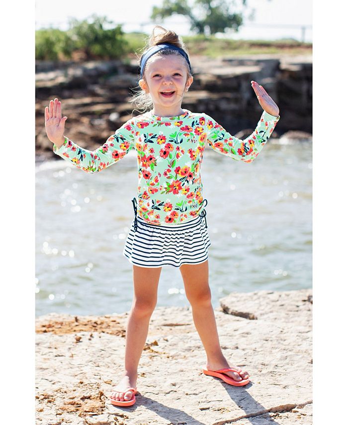 RuffleButts Toddler Girl's Long Sleeve Rash Guard Skirted Swimsuit Swim