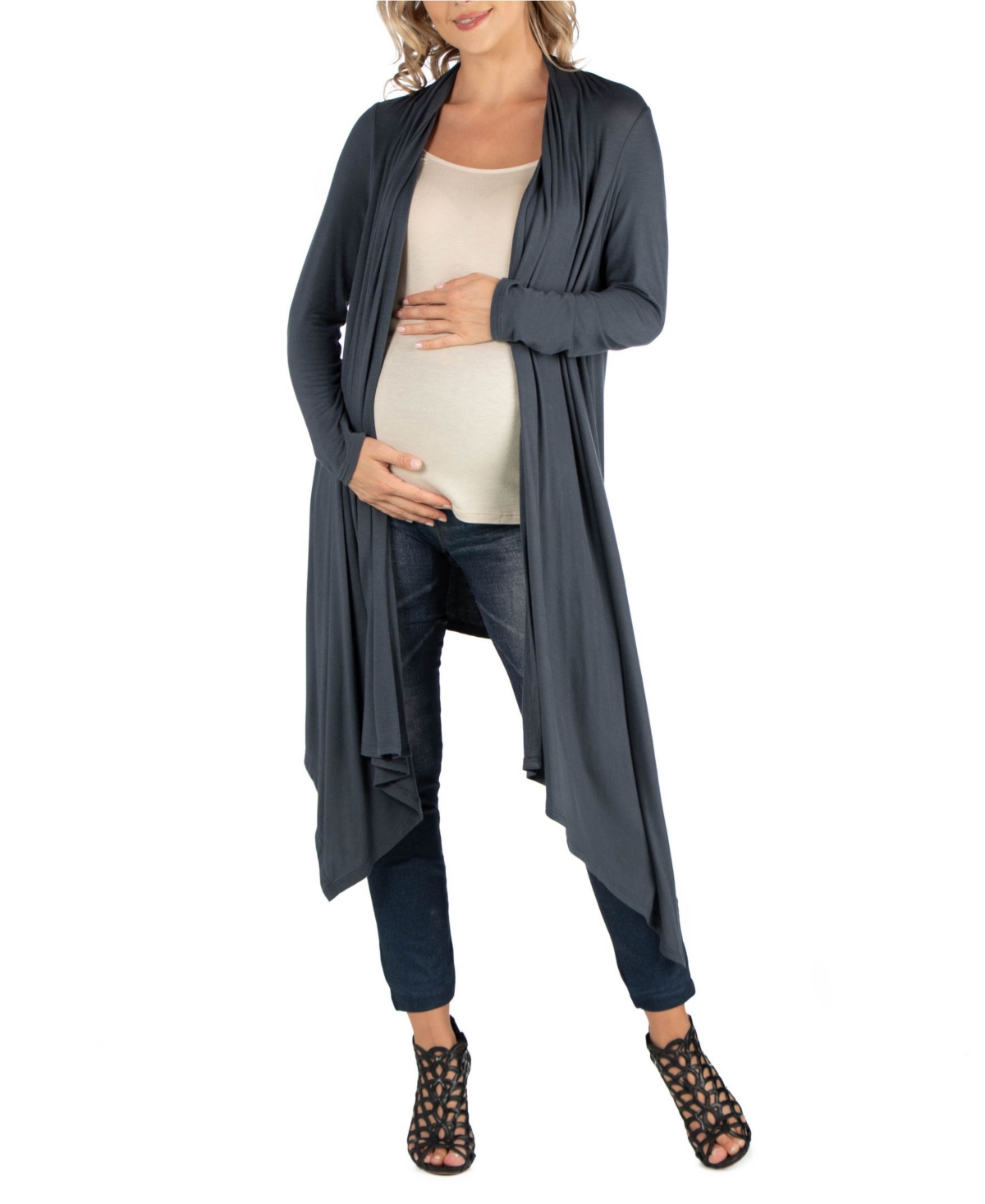 Long Sleeve Knee Length Open Maternity Cardigan - Dark Gray