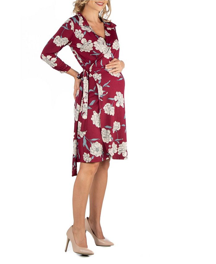 24seven Comfort Apparel Collared Burgundy Floral Print Maternity Wrap ...